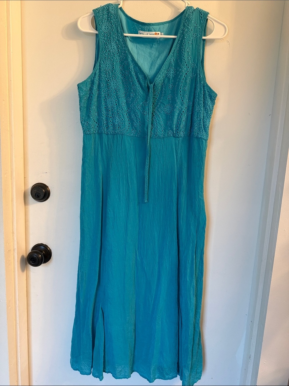 Johnny Was Eyelet Midi Dress Embroidered Boho Artsy Turquoise Blue A Line large